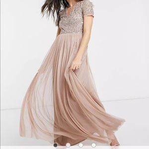 Maya Bridesmaid v neck maxi tulle dress with tonal delicate sequins